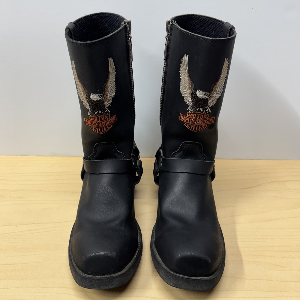 Harley Davidson Black Leather Harness Biker Mid-Calf Boots, Unisex Men 6 EU 38